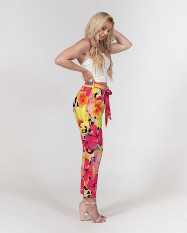 Animal Print Island Flowers Women's Belted Tapered Pants