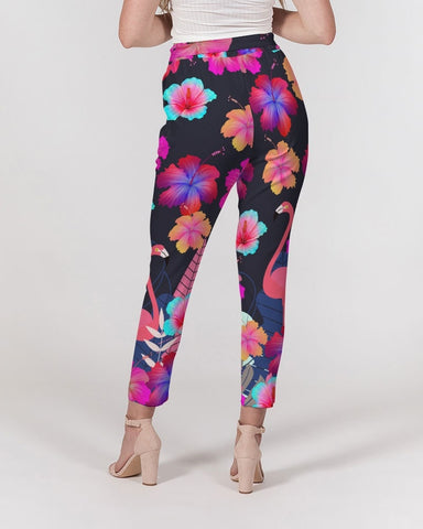 Floral Hibiscus Flamingos Women's Belted Tapered Pants