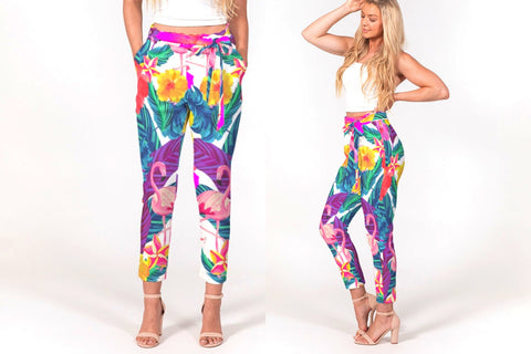 Floral Flamingos Women's Belted Tapered Pants