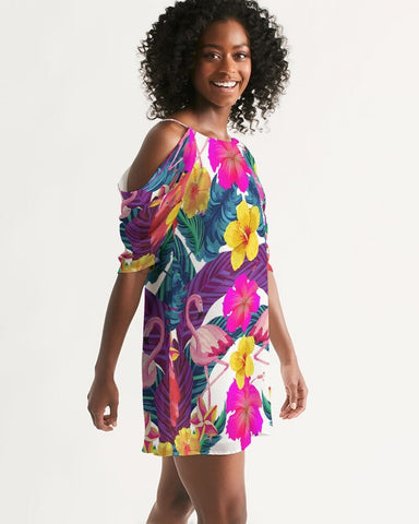 Floral Flamingos Cold Shoulder Dress