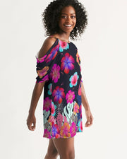 Floral Hibiscus Flamingos Cold Shoulder Dress