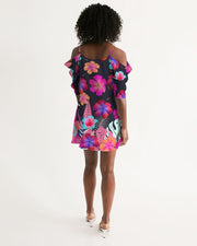 Floral Hibiscus Flamingos Cold Shoulder Dress