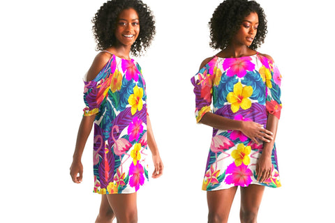 Floral Flamingos Cold Shoulder Dress