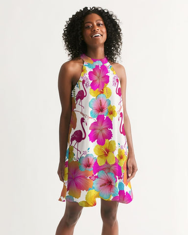 Flamingos Hibiscus Floral Halter Dress