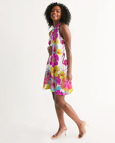 Flamingos Hibiscus Floral Halter Dress