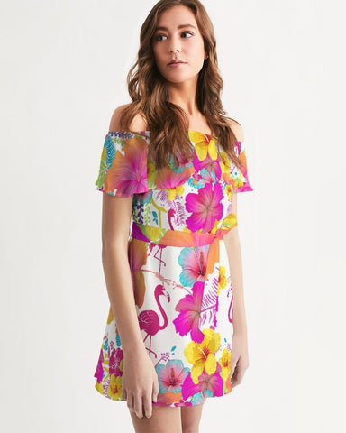 Flamingos Hibiscus Off Shoulder Dress