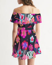 Floral Hibiscus Flamingos Off Shoulder Dress