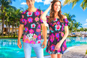 Floral Hibiscus Flamingos Matching Couples Outfits