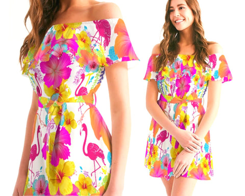 Flamingos Hibiscus Off Shoulder Dress