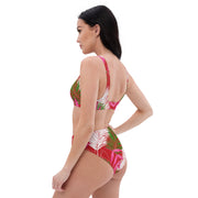 Tropical Leaves Red High Waist Women's Bikini Swimsuit Set