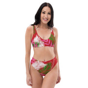 Tropical Leaves Red High Waist Women's Bikini Swimsuit Set