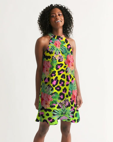 Animal Print Hibiscus Floral Halter Dress