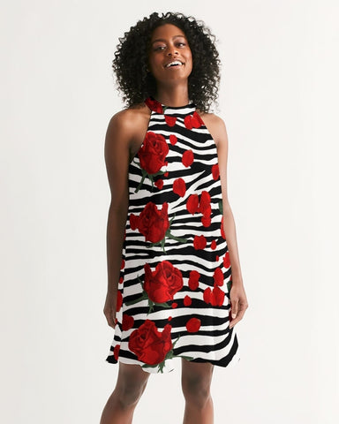 Zebra Print Red Roses Halter Dress