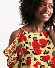 Red Rose Petals Animal Print Cold Shoulder Dress