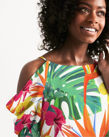 Bird of Paradise Floral Cold Shoulder Dress