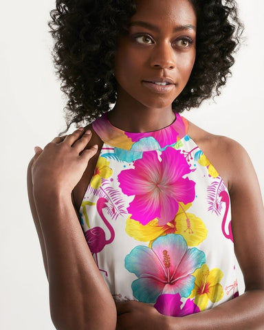 Flamingos Hibiscus Floral Halter Dress